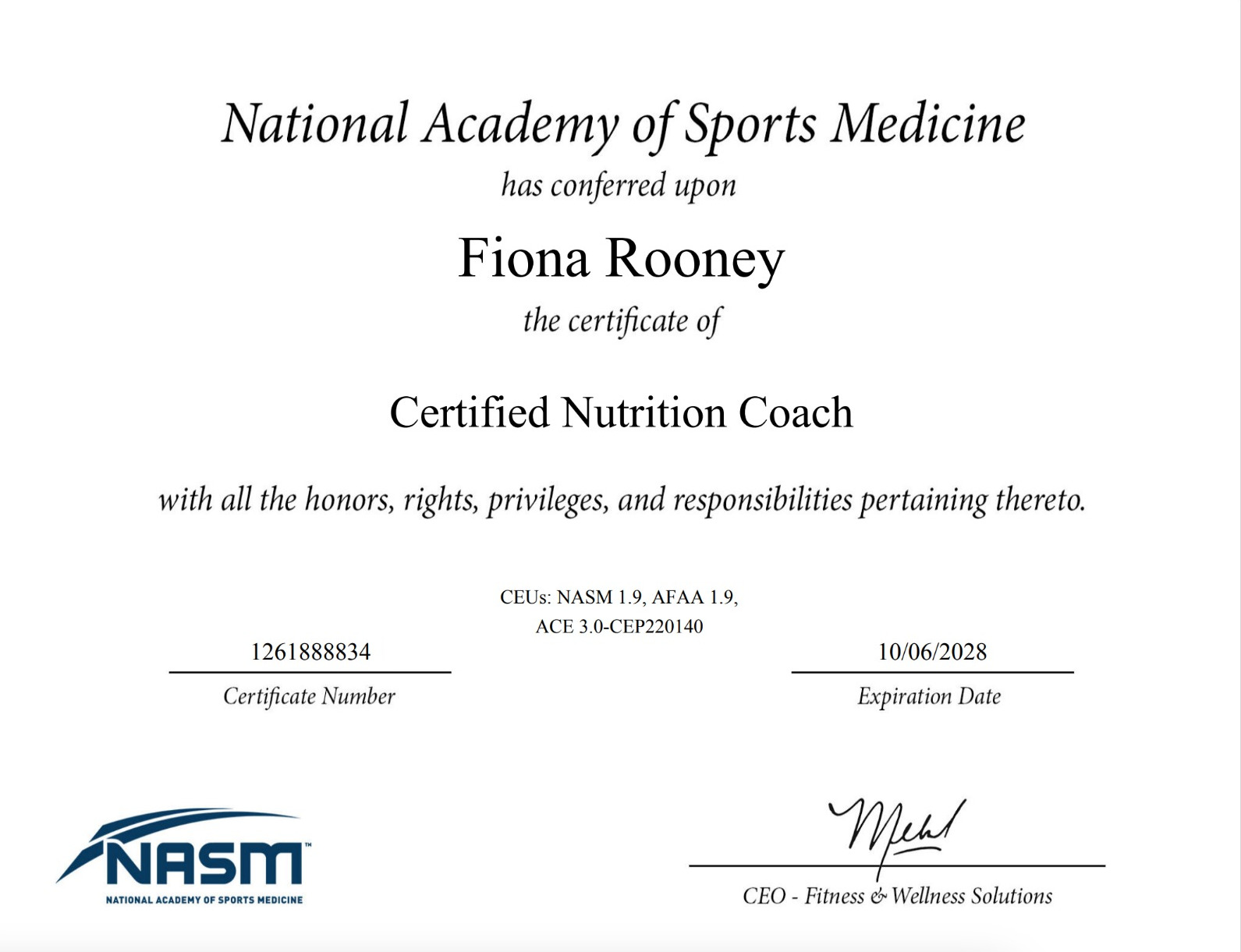 Fiona Rooney's National Academy of Sports Medicine certificate: Certified Nutrition Coach, certificate number 1261888834, expiration date October 6, 2028