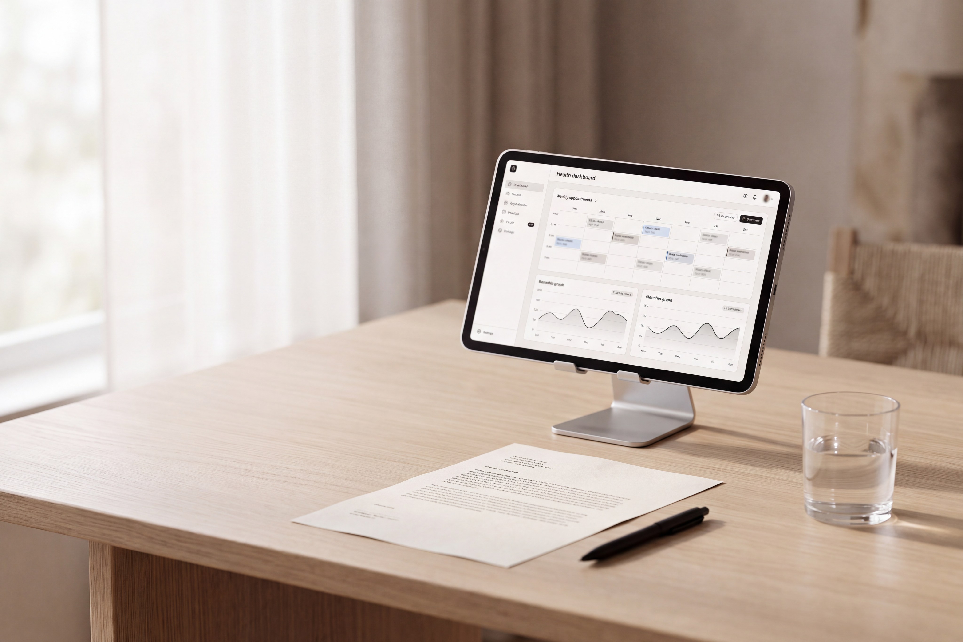 A tablet showing a weekly program plan and charts on a desk, beside a printed document and a pen